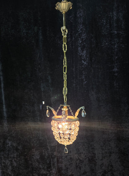Petite Vintage French Crystal Half Bag Brass 1 Light Leaf Chandelier Light
