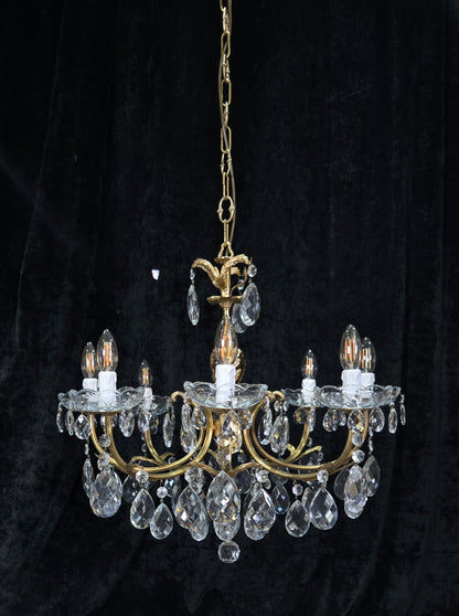 Beautiful Vintage Italian 8 Arm Brass Crystal Leaf Chandelier Ceiling Light