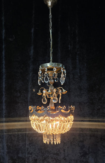 Beautiful Vintage Italian Brass 3 Light Crystal Bag Bows and Roses Chandelier