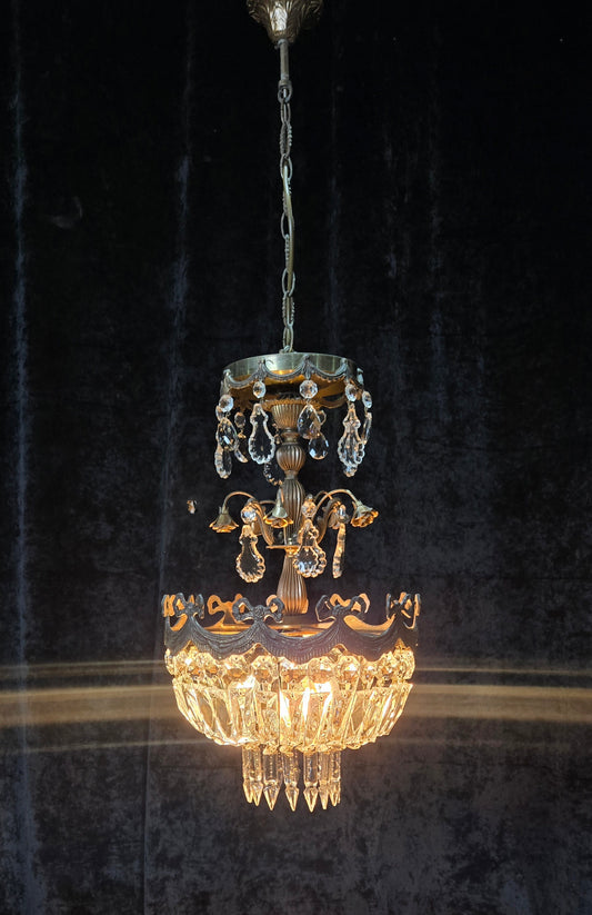 Beautiful Vintage Italian Brass 3 Light Crystal Bag Bows and Roses Chandelier