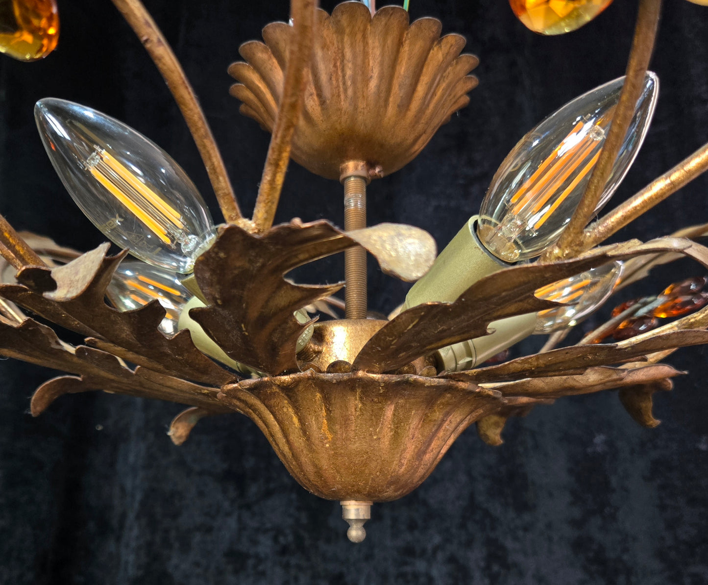 Beautiful Vintage Italian Banci 5 Light Gilded Toleware Flush Ceiling Chandelier