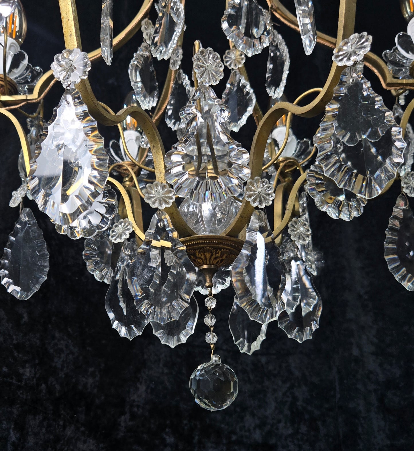 Classical Antique French 6 Arm Caged Bronze Crystal Chandelier Ceiling Light