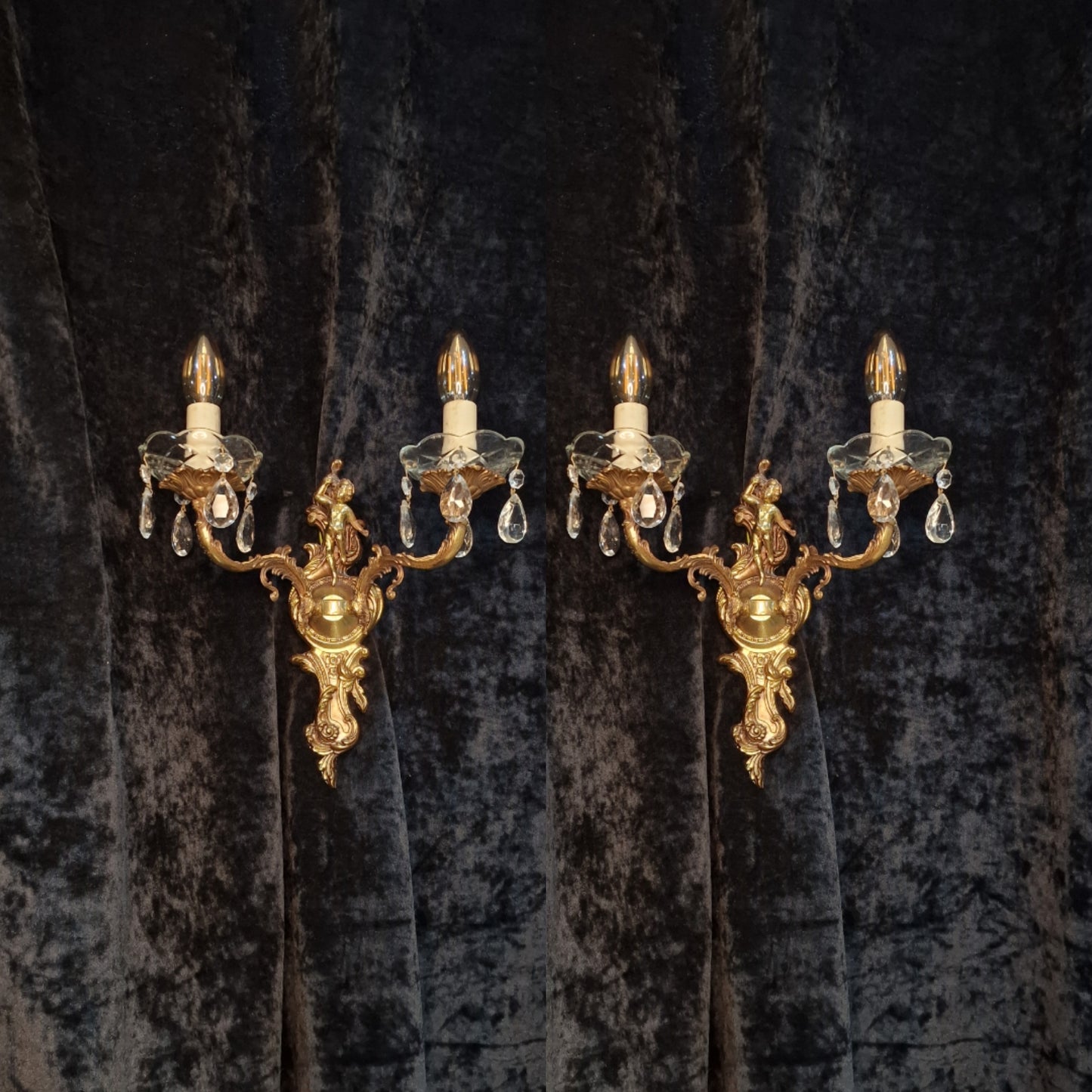 Fabulous Pair Vintage Italian 2 Arm Brass Cherub Crystal Wall Lights Sconces