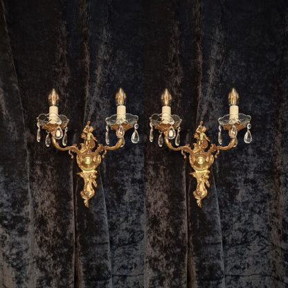 Fabulous Pair Vintage Italian 2 Arm Brass Cherub Crystal Wall Lights Sconces
