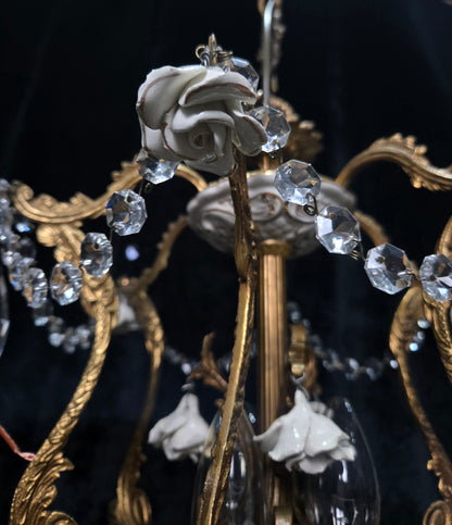 Lovely Vintage Spanish 3 Light Crystal and Brass Ceramic Roses Cage Chandelier