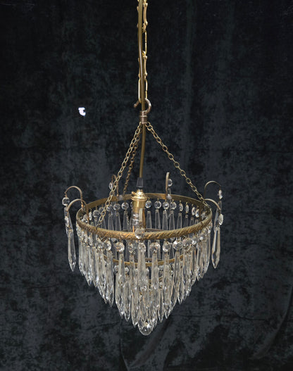 Fabulous Antique French Brass 4 Tier Waterfall Crystal Chandelier Ceiling Light