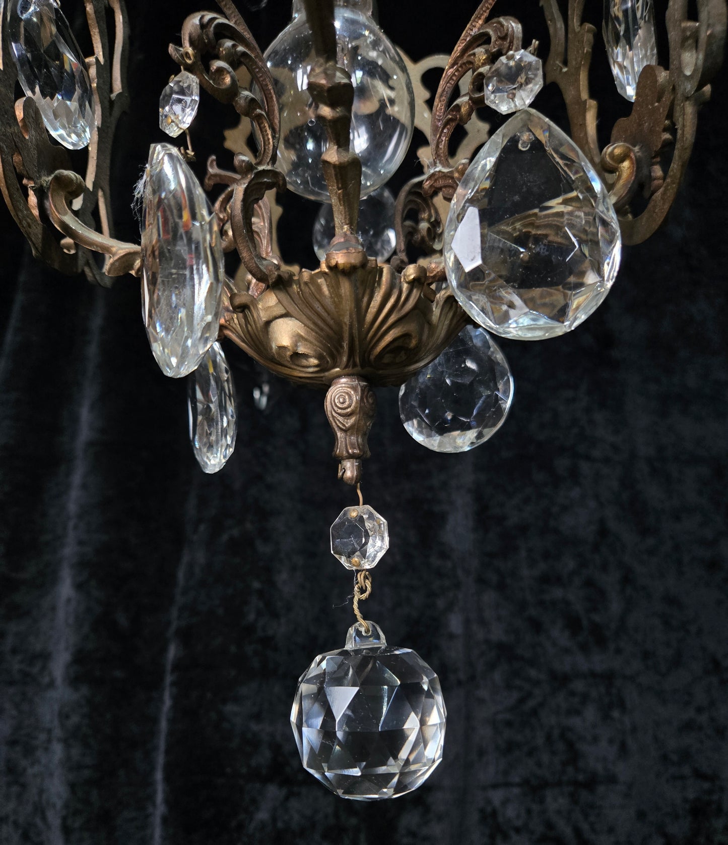 Beautiful Antique French 1 Light Brass Crystal Cage Chandelier Ceiling Light
