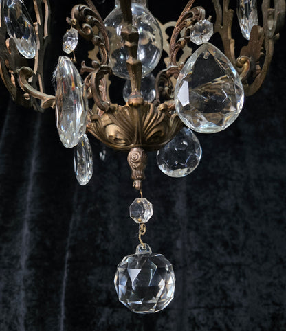 Beautiful Antique French 1 Light Brass Crystal Cage Chandelier Ceiling Light