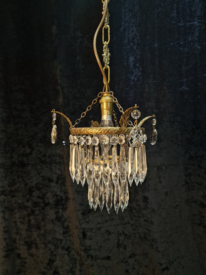 Lovely Antique French Brass Dainty 1 Light Glass Waterfall Leaf Chandelier