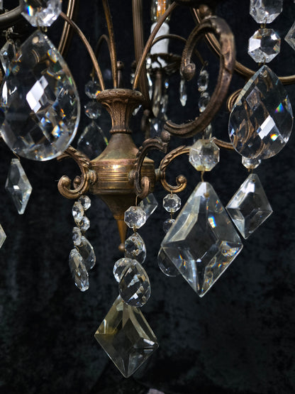 Beautiful Vintage Italian 5 Arm Brass Crystal Cage Chandelier Ceiling Light
