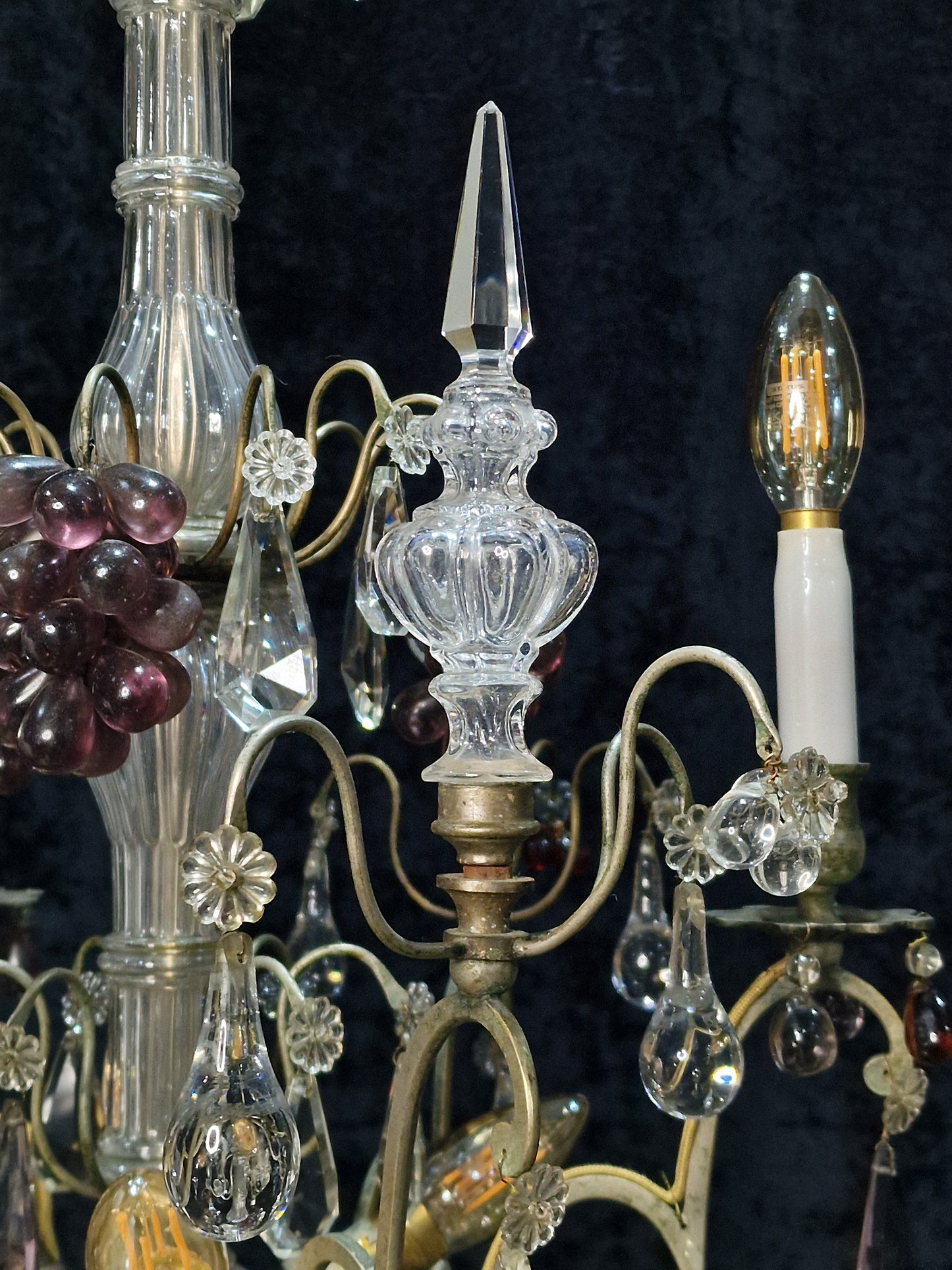Exceptional Antique French 6 Light Murano Grape Crystal Solid Brass Chandelier
