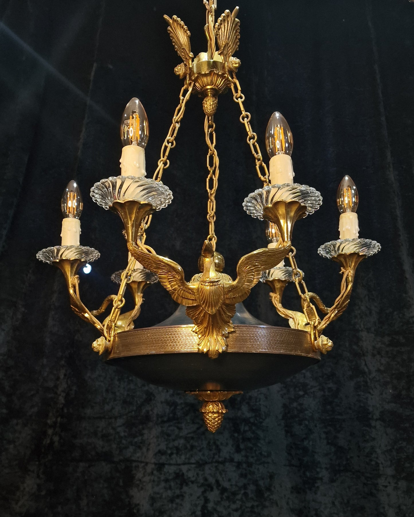 Stately Heavy Vintage French 6 Light Brass Empire Swans Lionheads Chandelier