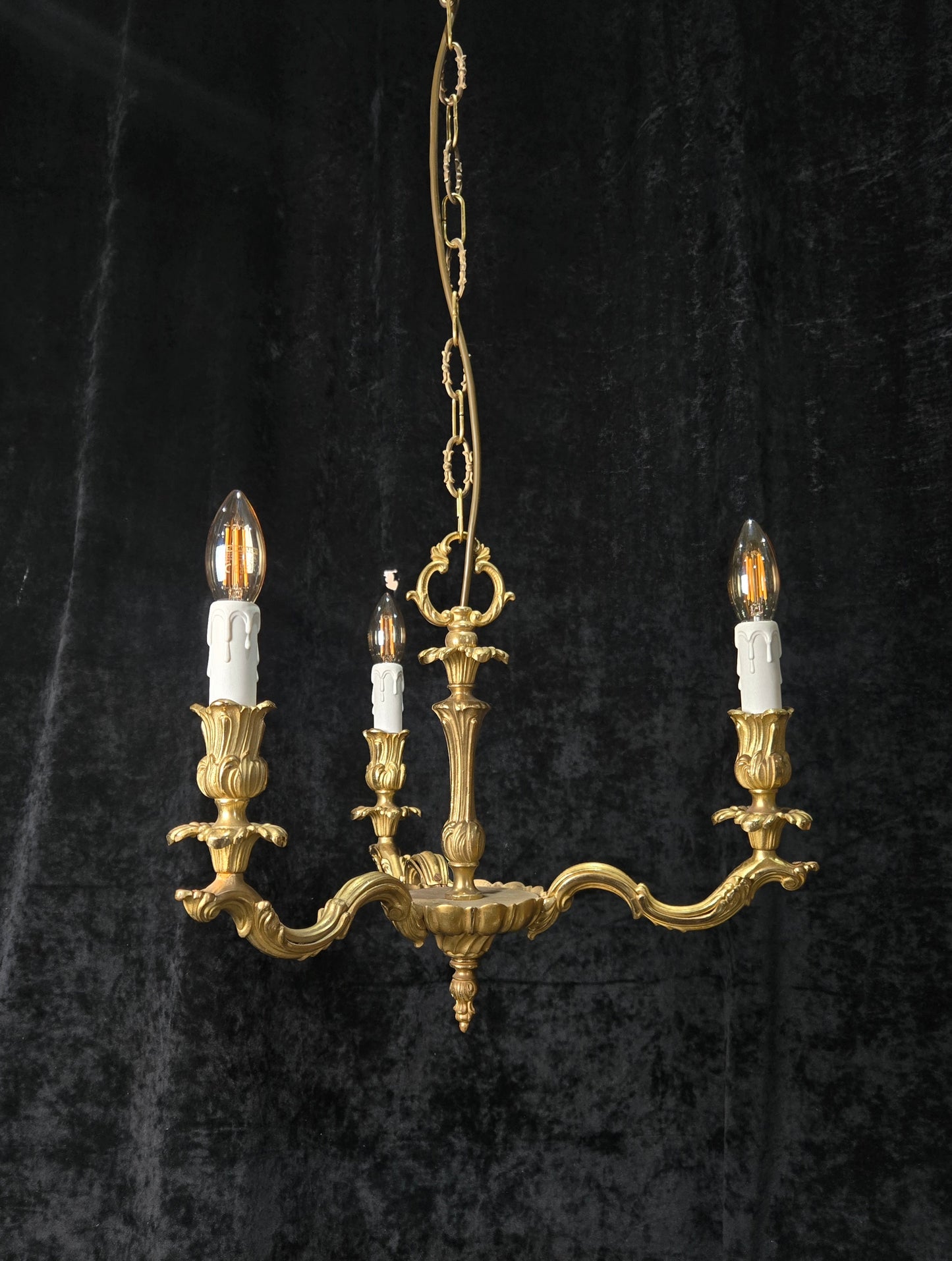 Traditional Antique French Solid Brass 3 Arm Rococo Style Chandelier Light