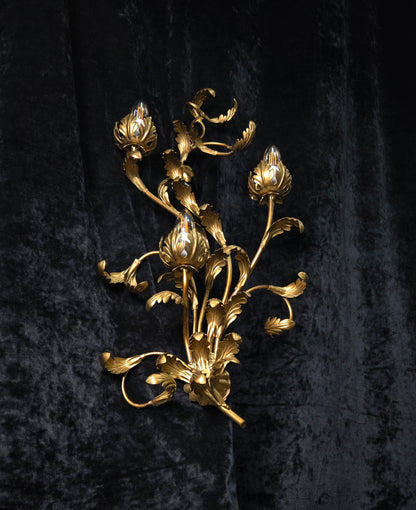 Beautiful Large Vintage Italian 3 Light Gilded Toleware Florentine Sconce Light