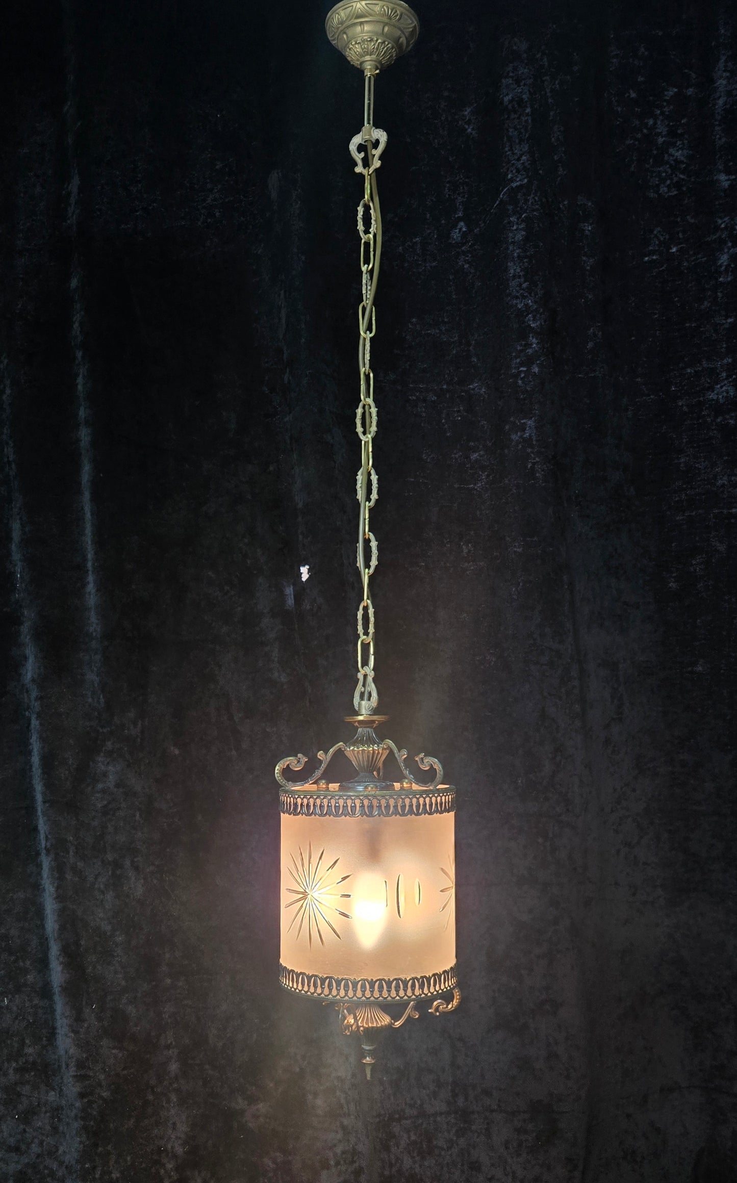 Elegant Vintage Italian Cylinder Cut Glass Starburst Brass 3 Light Lantern
