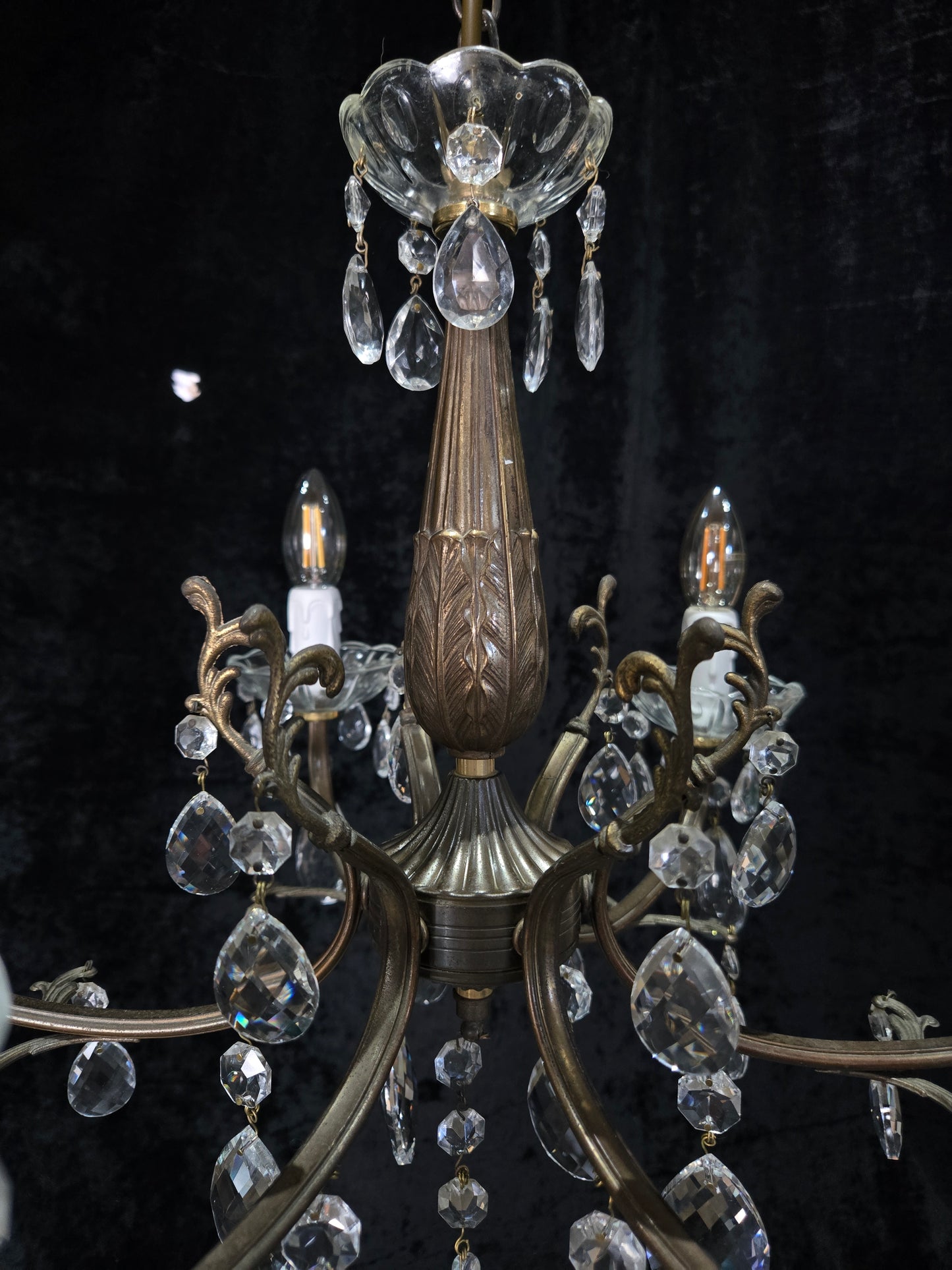 Beautiful Vintage Italian 6 Arm Brass Glass Crystal Chandelier Ceiling Light