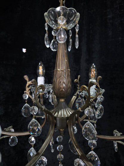 Beautiful Vintage Italian 6 Arm Brass Glass Crystal Chandelier Ceiling Light