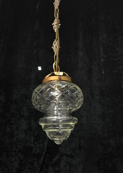 Lovely Vintage Clear Cut Glass Brass Hall Lantern Pendant Light