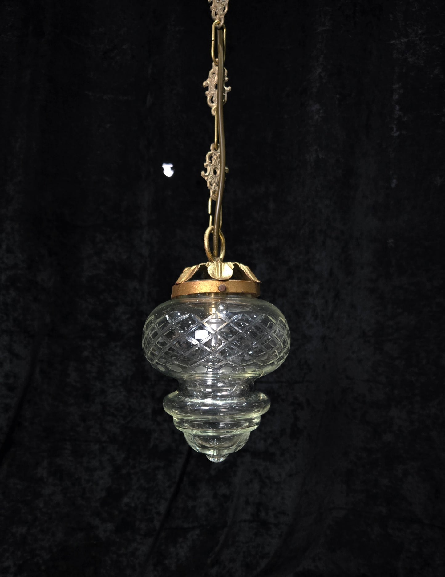 Lovely Vintage Clear Cut Glass Brass Hall Lantern Pendant Light