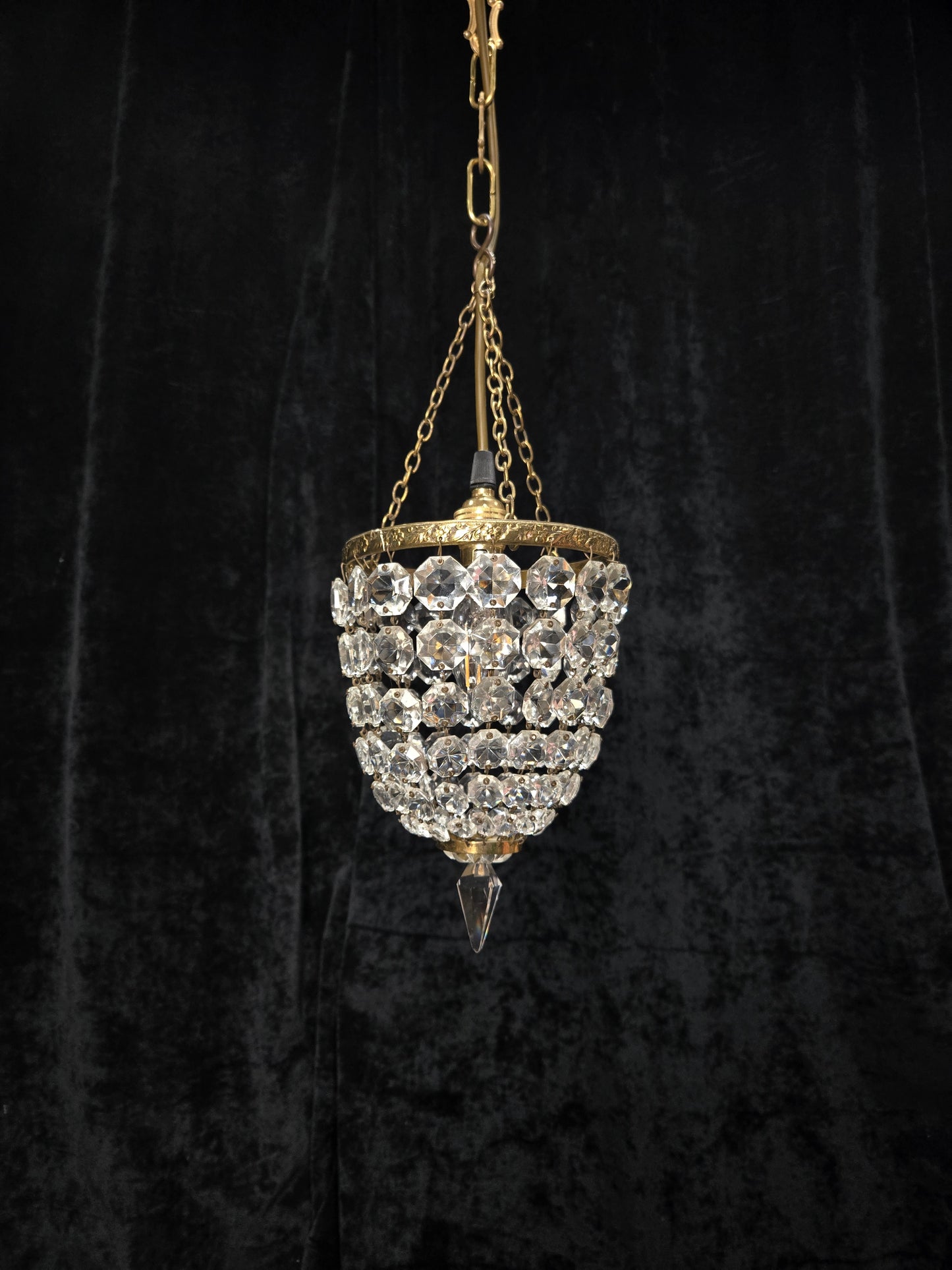 Petite Antique French Crystal Half Bag Brass 1 Light Chandelier Ceiling Light
