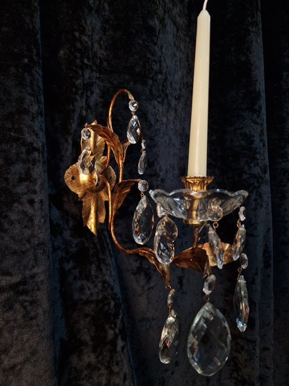 Stunning Pair Vintage Italian 1 Arm Florentine Toleware Candle Crystal Sconces