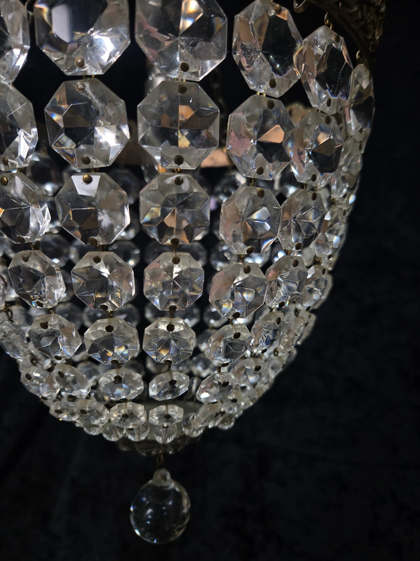 Beautiful Antique French Crystal Bag Brass and Bows Chandelier Ceiling Light