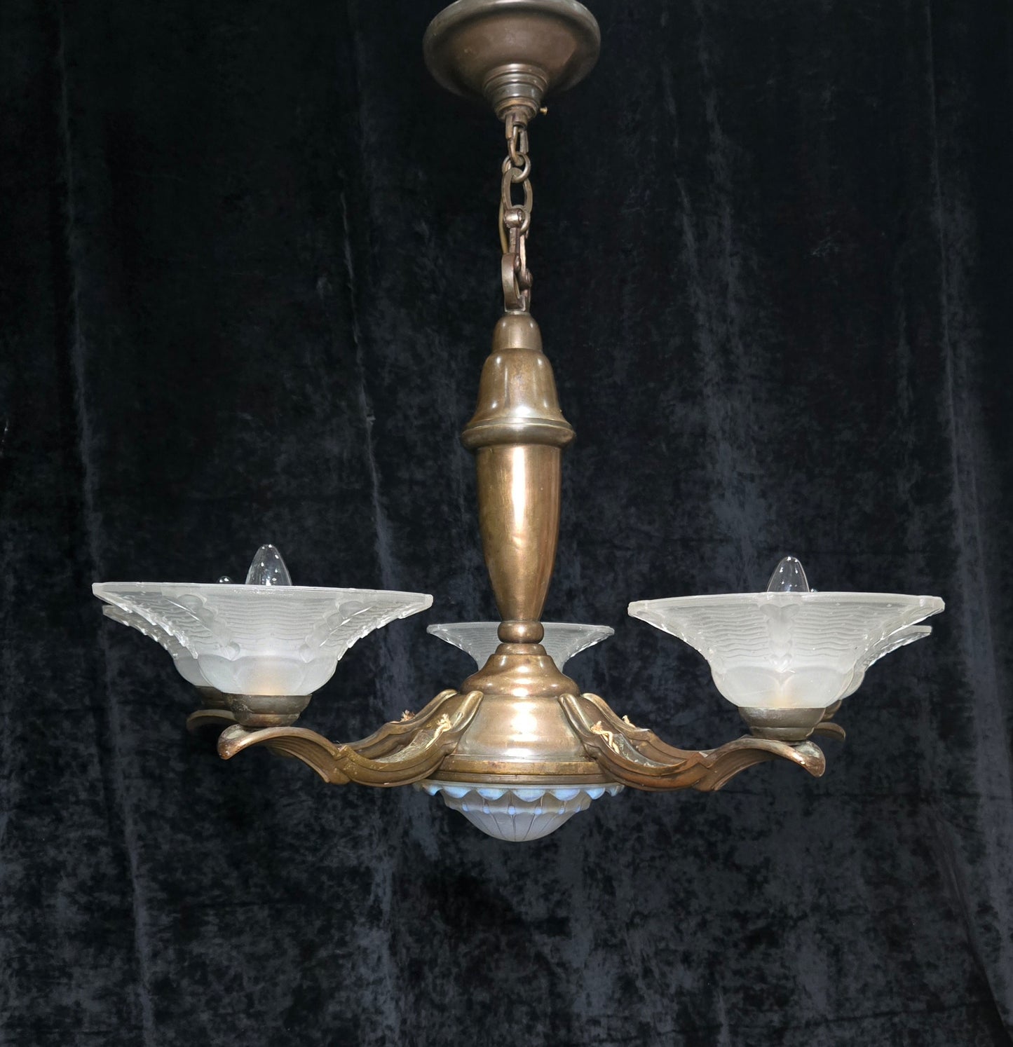 Large Antique French EZAN Art Deco 5 Arm 6 Light Brass Heavy Chandelier Light