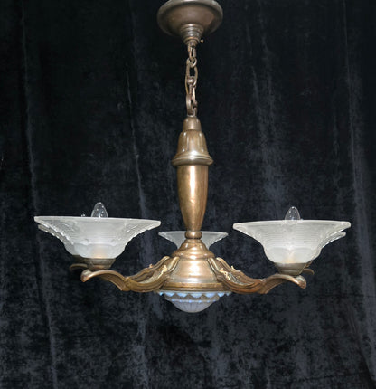 Large Antique French EZAN Art Deco 5 Arm 6 Light Brass Heavy Chandelier Light