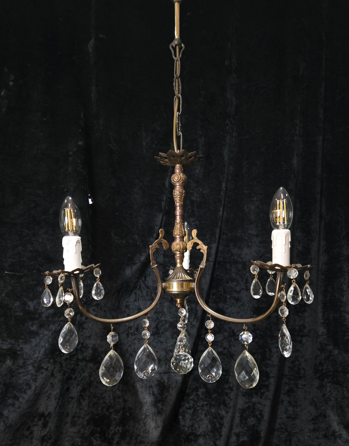 Lovely Vintage Italian 3 Arm Brass and Crystal Chandelier Ceiling Light
