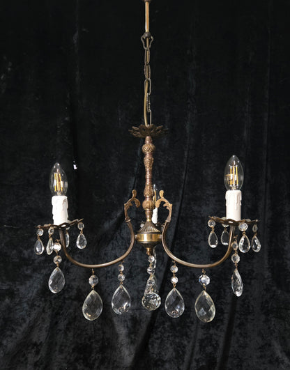 Lovely Vintage Italian 3 Arm Brass and Crystal Chandelier Ceiling Light