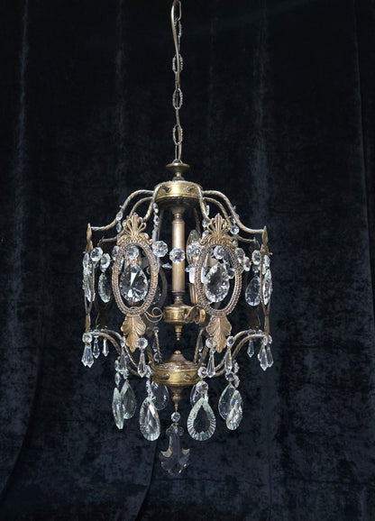 Elegant Vintage Italian Large 3 Arm Cage Crystal Brass Chandelier Ceiling Light