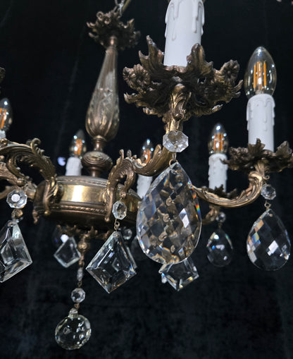 Fabulous Vintage Italian 8 Arm Brass Flower Crystal Chandelier Ceiling Light