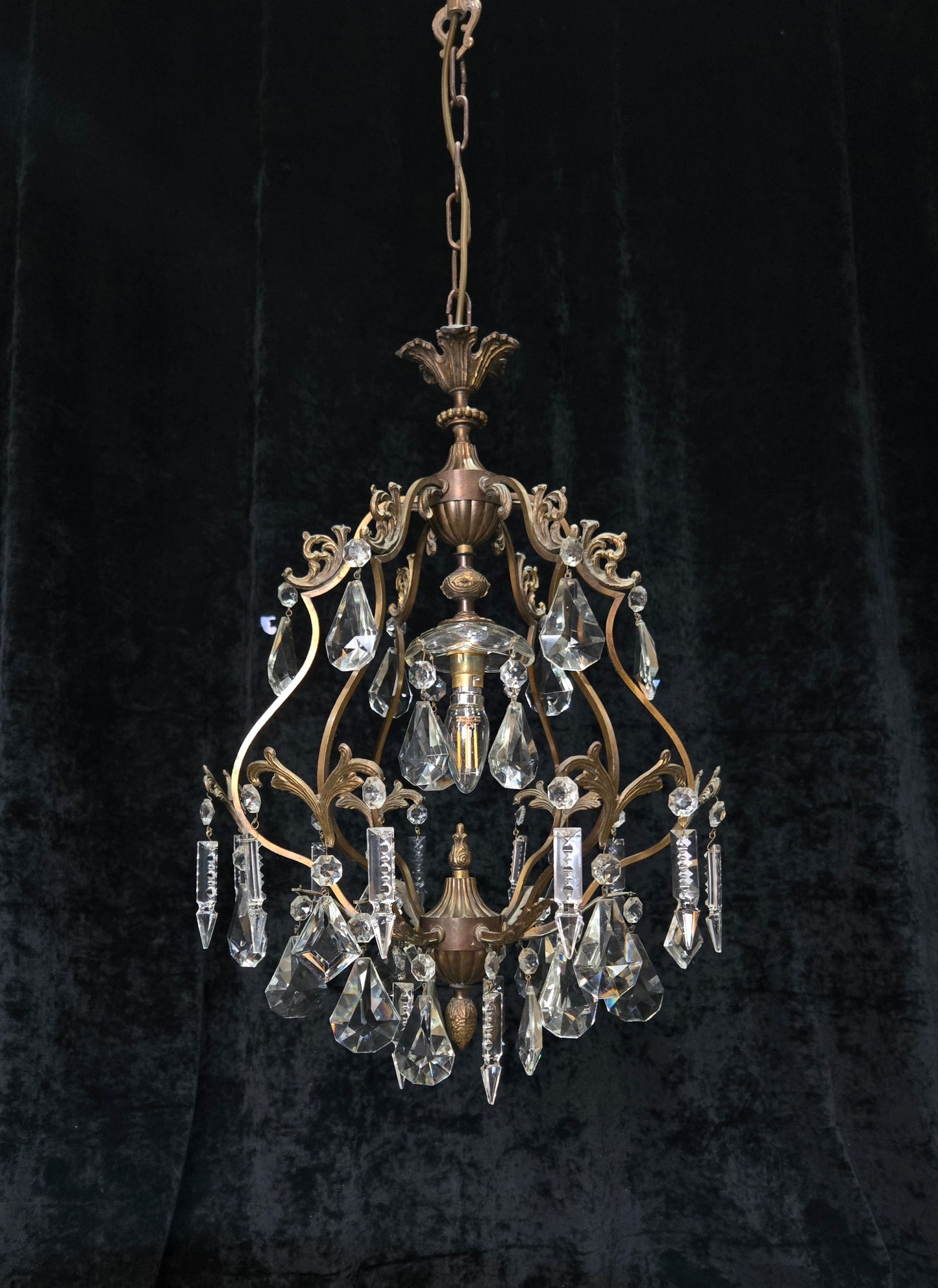 Elegant Vintage Italian 1 Light Cage Crystal Brass Chandelier Ceiling Light