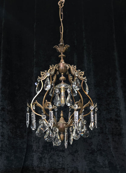 Elegant Vintage Italian 1 Light Cage Crystal Brass Chandelier Ceiling Light
