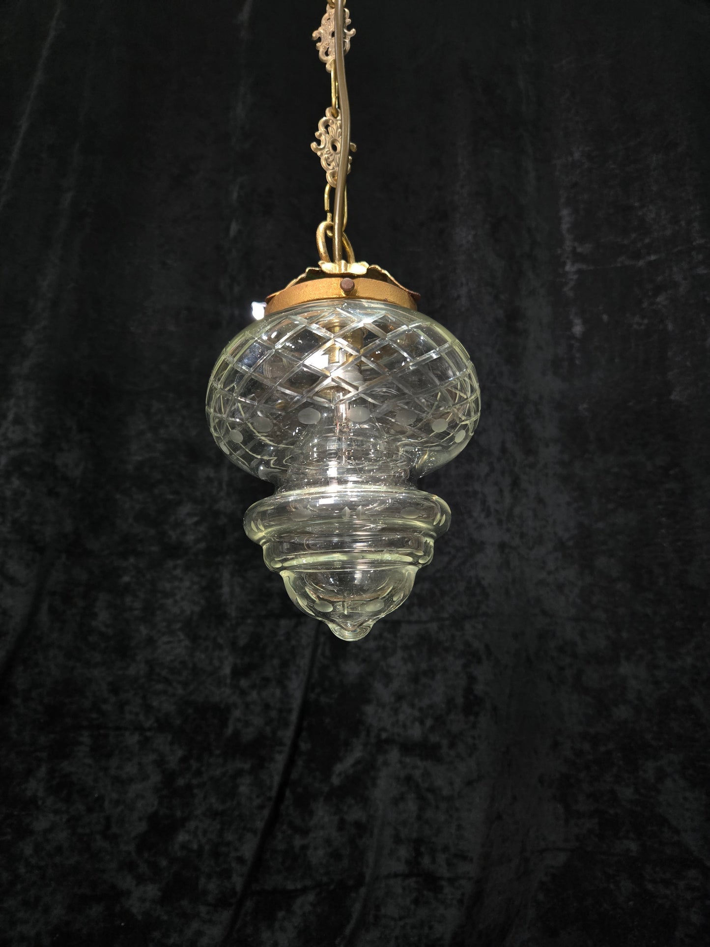 Lovely Vintage Clear Cut Glass Brass Hall Lantern Pendant Light
