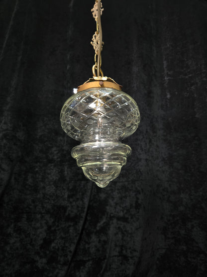 Lovely Vintage Clear Cut Glass Brass Hall Lantern Pendant Light