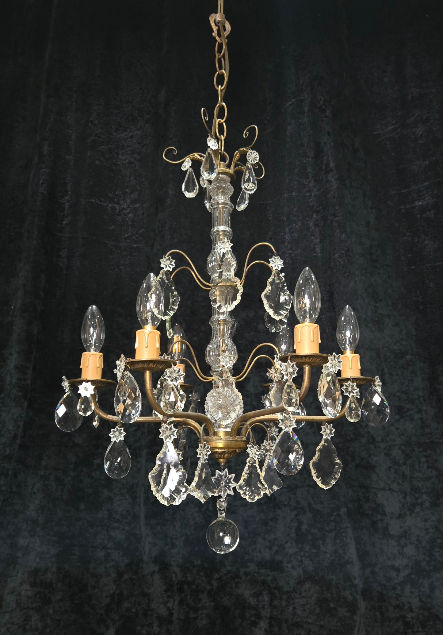 Beautiful Antique French 6 Arm Brass 3 Tier Crystal Chandelier Ceiling Light