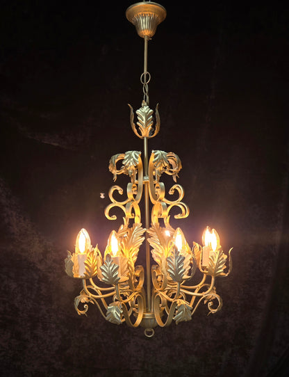 Stunning Heavy Large 8 Arm Wrought Iron Gilded Italian Chandelier Ceiling Light