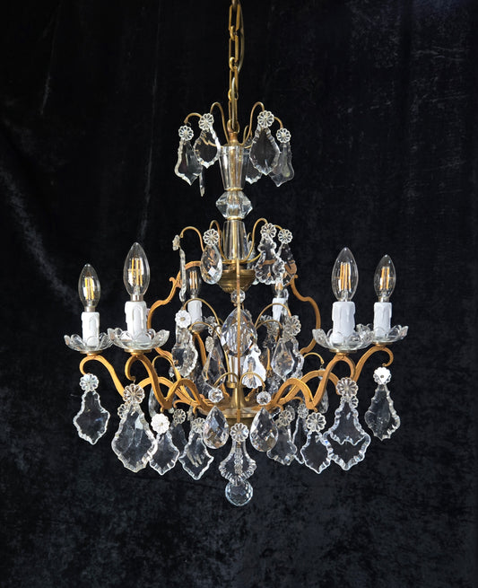 Gorgeous Antique French 6 Arm 7 Light Brass Bronze Cage Crystal Chandelier Light