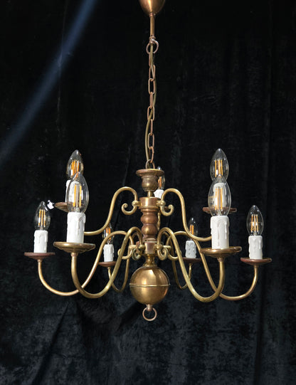 Traditional Antique 9 Arm 2 Tier Brass Flemish Chandelier Ceiling Light
