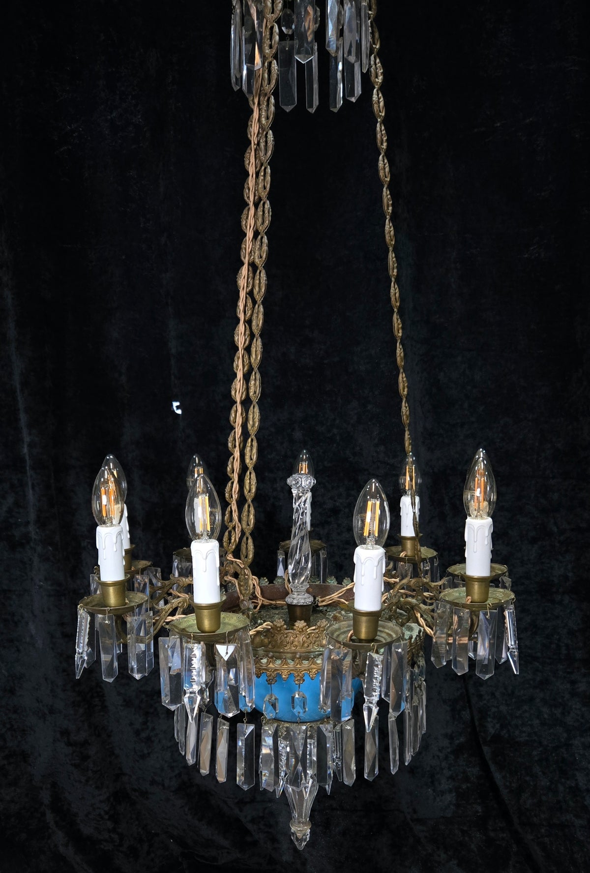 Exceptional Antique French Late 1800s 9 Arm Brass Blue Glass Crystal Chandelier