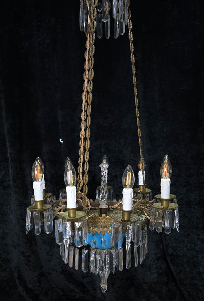 Exceptional Antique French Late 1800s 9 Arm Brass Blue Glass Crystal Chandelier