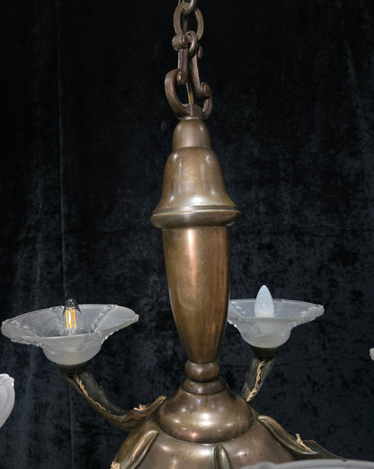 Large Antique French EZAN Art Deco 5 Arm 6 Light Brass Heavy Chandelier Light