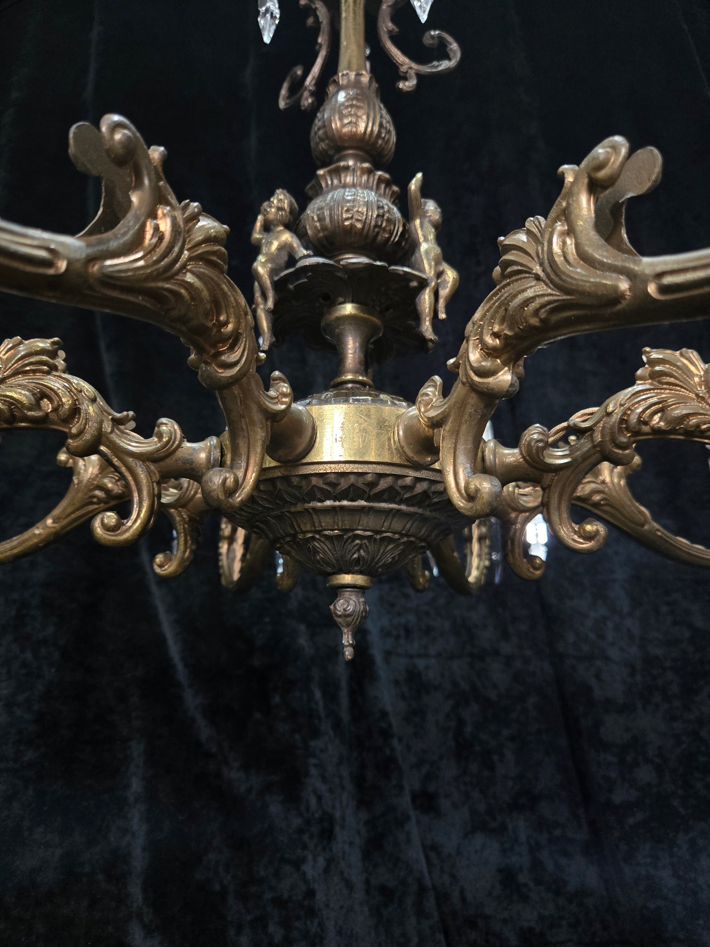 Fabulous Vintage Italian 8 Arm Large Brass Crystal Cherub Chandelier Light