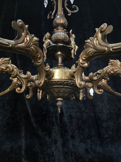Fabulous Vintage Italian 8 Arm Large Brass Crystal Cherub Chandelier Light