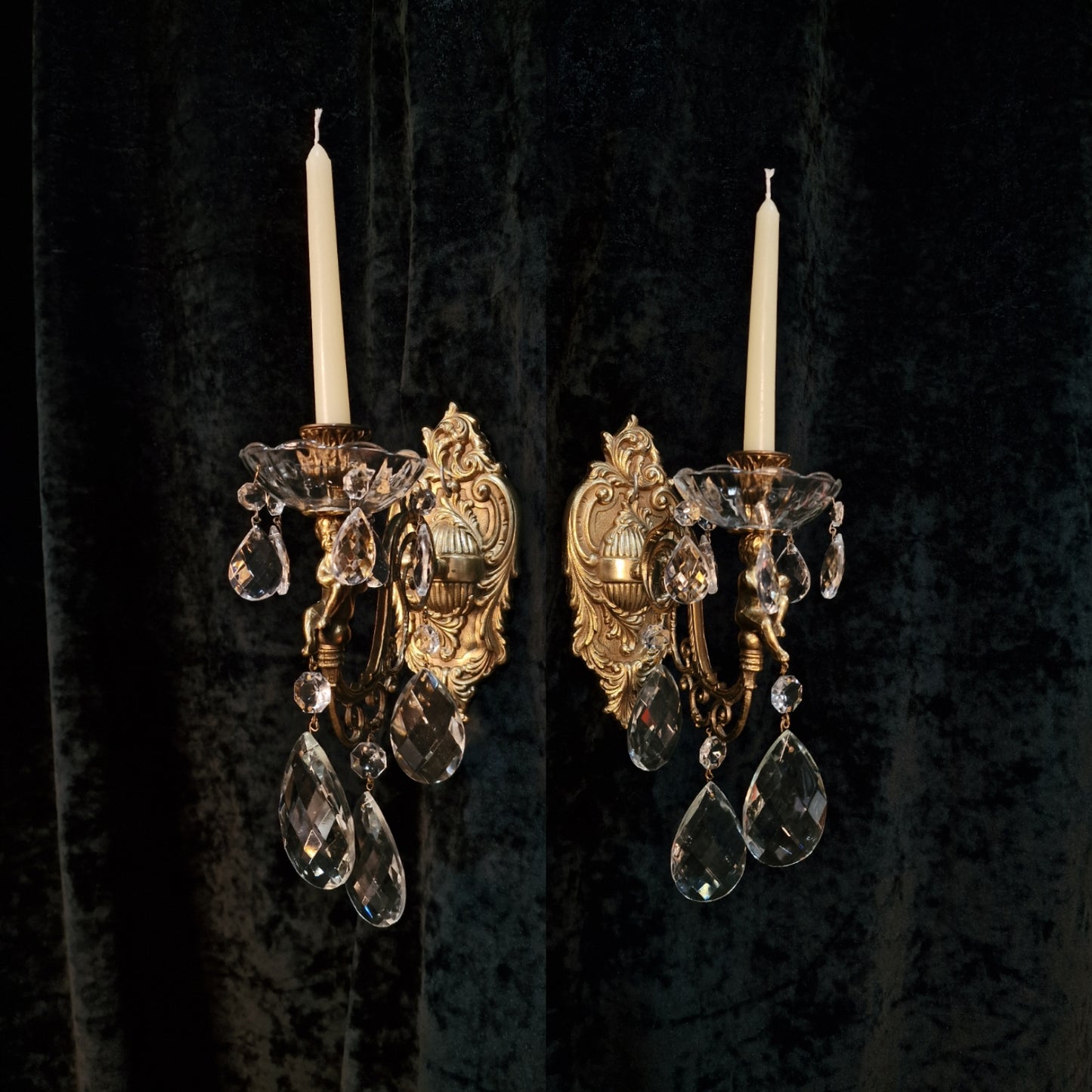 Fabulous Pair Italian Vintage Candle Cherub Brass Crystal Wall Sconces Lights