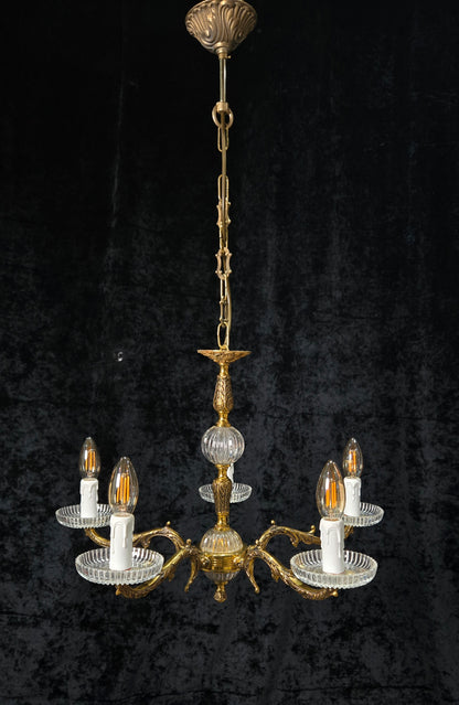 Classical Vintage 5 Arm Brass and Glass Chandelier Ceiling Light