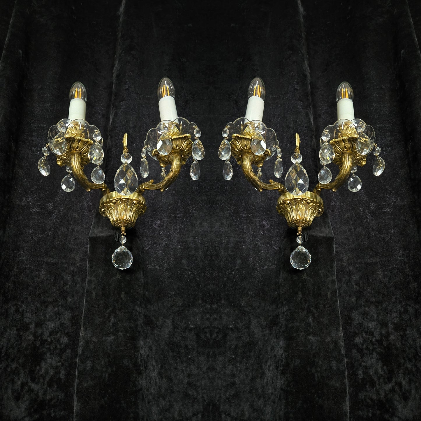 Fabulous Pair of Heavy Brass Vintage French 2 Arm Crystal Wall Lights Sconces