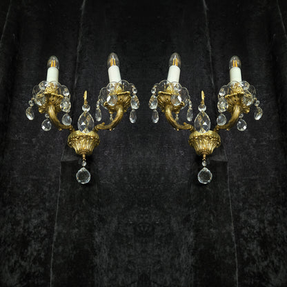 Fabulous Pair of Heavy Brass Vintage French 2 Arm Crystal Wall Lights Sconces