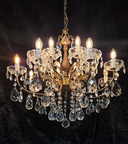 Fabulous Large Vintage Italian Heavy 8 Arm 16 Light Brass Crystal Chandelier
